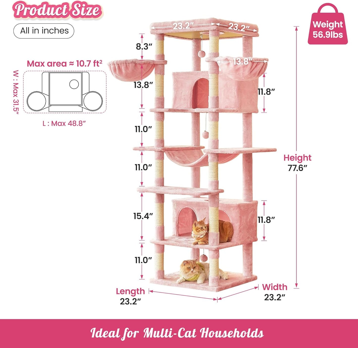 MWPO Pink Extra Large Cat Tree, 77.6-Inch Tall Cat Tower for Indoor Cats with 2 Condos, Multi-Level Cat Stand for Large Cats, 3 Hammocks, Wide Perch, Scratching Posts, Dangling Toys
