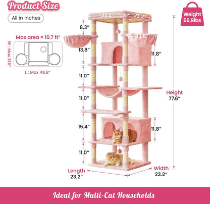 MWPO Pink Extra Large Cat Tree, 77.6-Inch Tall Cat Tower for Indoor Cats with 2 Condos, Multi-Level Cat Stand for Large Cats, 3 Hammocks, Wide Perch, Scratching Posts, Dangling Toys