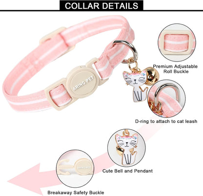 ARING PET 2 Pack Cat Collar-Cute Cotton Cat Collar with Bell & Pendant, Adjustable Pink Lavender Striped Kitten Collars with Safety Buckle for Girl and Boy Pets