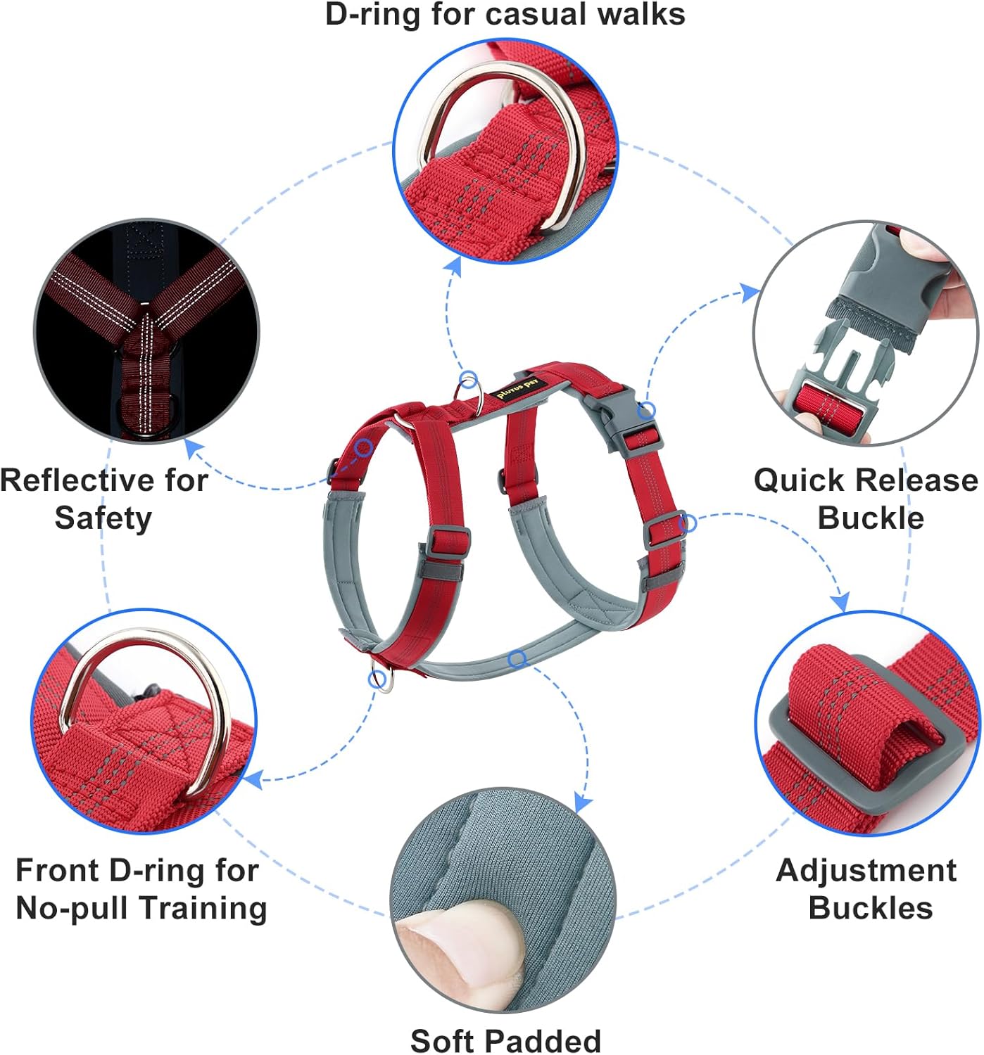 Plutus Pet No Pull Dog Harness, Adjustable Nylon Harness with Soft Padding, Reflective and Heavy Duty Dog Harness for Small, Medium, Large Dogs(Red, XL)