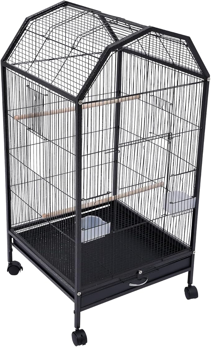 40 Inch Bird Cage with Play Open Top & Lockable Rolling Stand, Medium Birdcage for Parrot Lovebirds Finches Canaries Parakeets Cockatiels Budgie Parrotlet Conures, Black