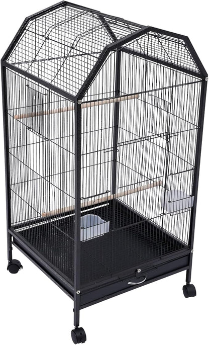 40 Inch Bird Cage with Play Open Top & Lockable Rolling Stand, Medium Birdcage for Parrot Lovebirds Finches Canaries Parakeets Cockatiels Budgie Parrotlet Conures, Black