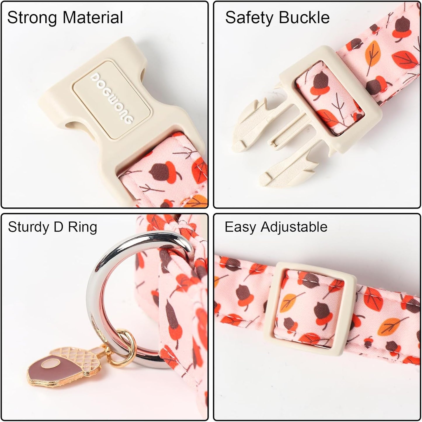 DOGWONG Fall Hazelnut Maple Dog Collar- Pink Fall Holiday Dog Collars Adjustable Autumn Leaf Dog Collar for Small Medium Large Dogs L