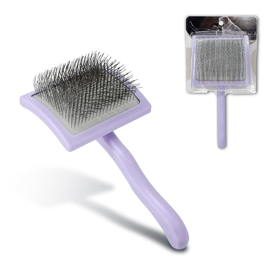 Pet Slicker Brush for Long & Short Hair - Detangling Tool for Dogs & Cats - 135° Angled Stainless Steel Pins, Curved Handle - Gentle Grooming for Small/Medium/Large Breeds (Lavender)