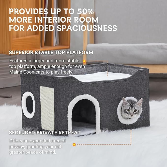 Cat House for Indoor Cats – Foldable Cat Cave & Covered Cat Bed, Cozy Hideaway for Small Pets and Large Cats (23.6"x16"x12.8"),Dark Grey