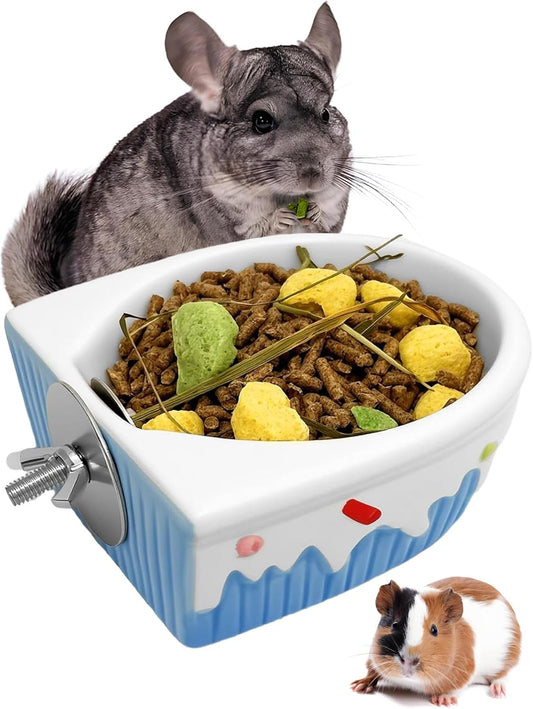 Chinchilla Food Bowl Ceramic Guinea Pig Cage Feeder Hanging Bunny Food Dish Small Animal Feeding Bowls for Syrian Hamster Ferret Gerbils (Blue)