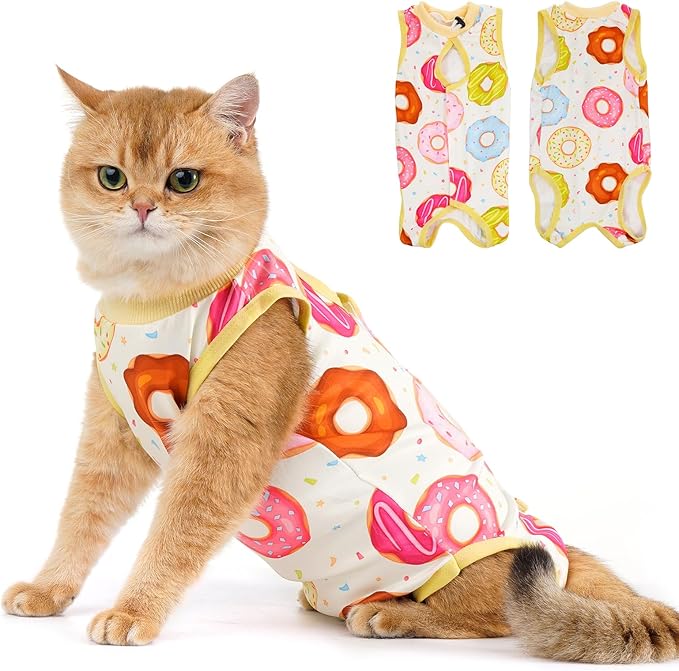 Avont Cat Recovery Suit - Kitten Onesie for Cats After Surgery, Cone of Shame Alternative Surgical Spay Suit for Female Cat, Post-Surgery or Skin Diseases Protection -Donut(S)