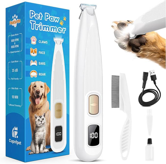 Dog Paw Trimmer with LED Light, 35dB Low Noise Precision Pet Paw Trimmer for Dogs Cats Grooming Clippers, 2 Speed Safety Electric Paw Hair Trimmer for Paws, Ears, Rump, Face, Eyes (White)