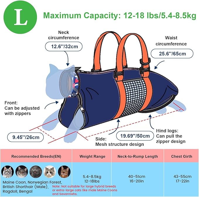 Cinf Cat Nail Clipping Cleaning Grooming Restraint Bag (Free Muzzle) Set No Scratching Biting for Bathing Nail Trimming Injecting Examining(Navy Blue,L)