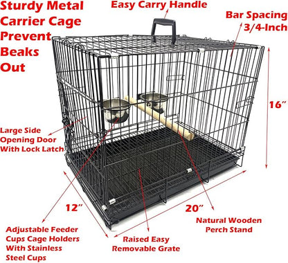 Metal Foldable Bird Parrot Travel Vet Carrier Cage with Wooden Perch and Stainless Steel Dishes Prevent Beaks Out