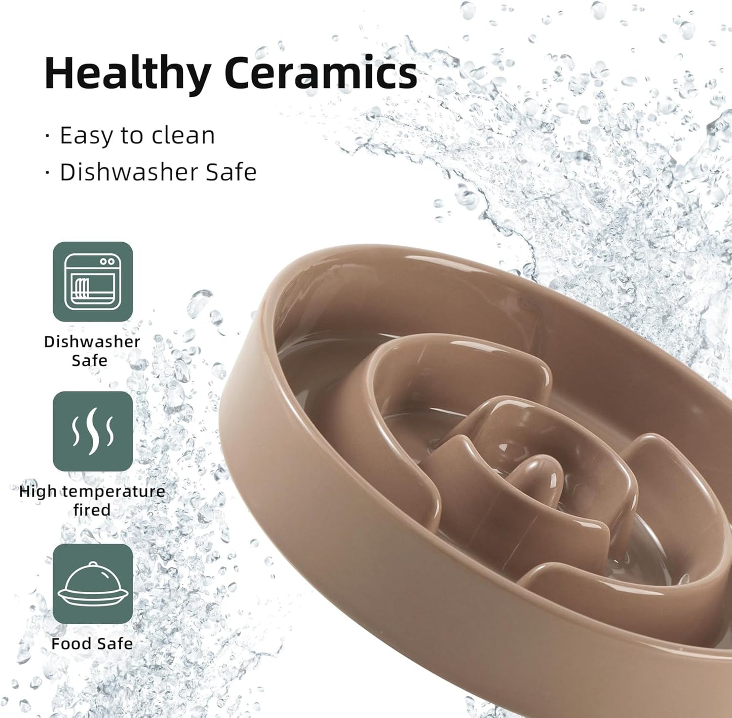 Ceramic 1.2 Cup Slow Feeder Dog Bowl for Medium and Small Breed, 7.3inch Puzzle Dog Food Dish, Anti-Gulping, Stop Bloat, Preventing Choking (Single Bowl-Brown Coffee)