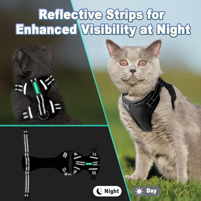 Cat Harness and Leash Set Escape Proof for Kitten Walking, Soft Adjustable Top Handle Vest Harnesses for Cats, Easy Control Breathable Reflective Small Medium Large, Black, M
