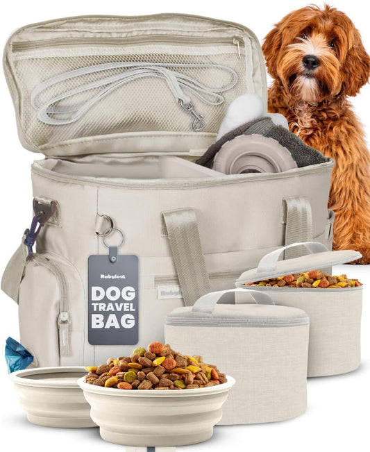 The Original Doggy Bag™- Dog Travel Bag for Supplies - Ultimate Gift for Dog Moms & Dads, Doggy Lovers & Pet Owners for Christmas- Includes 2 BPA-Free Travel Bowls and 2 Food Containers: Beige