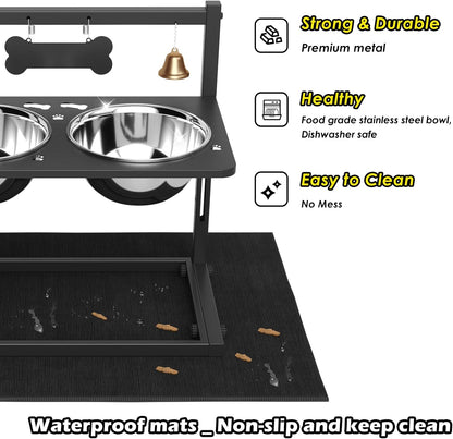 Elevated Dog Bowls With Mat, Adjustable Height 4.3-11.8'', Two 1.7L Stainless Steel Food & Water Bowls, Metal Raised Stand for Large, Medium Dogs