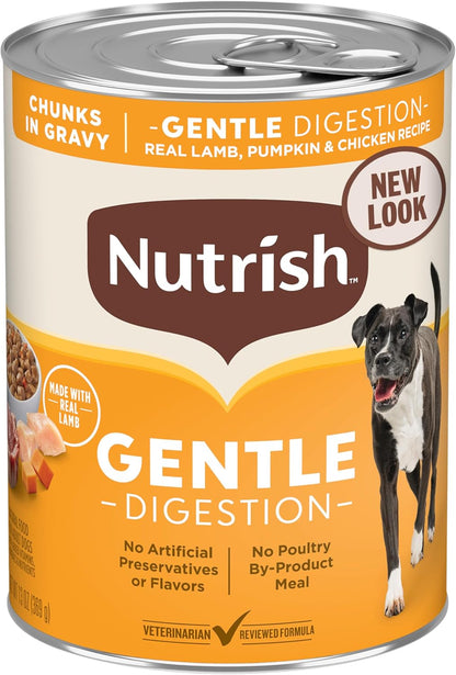 Nutrish Gentle Digestion Real Lamb, Pumpkin & Chicken Recipe Chunks in Gravy Wet Dog Food, 13 oz. Can, 12 Count (Rachael Ray)
