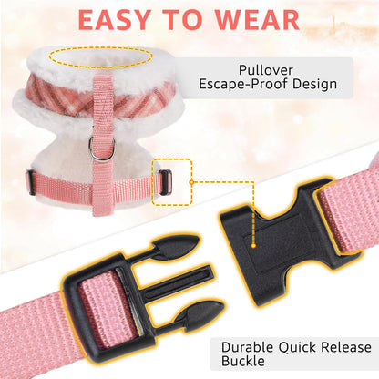 SCENEREAL Small Dog Harness Collar and Leash Set, Mesh Plush No Pull Puppy Vest Harness, Warm Fleece No Chock Step in Small Pet Halter for Outdoor Walking Training, Pink Plaid XS