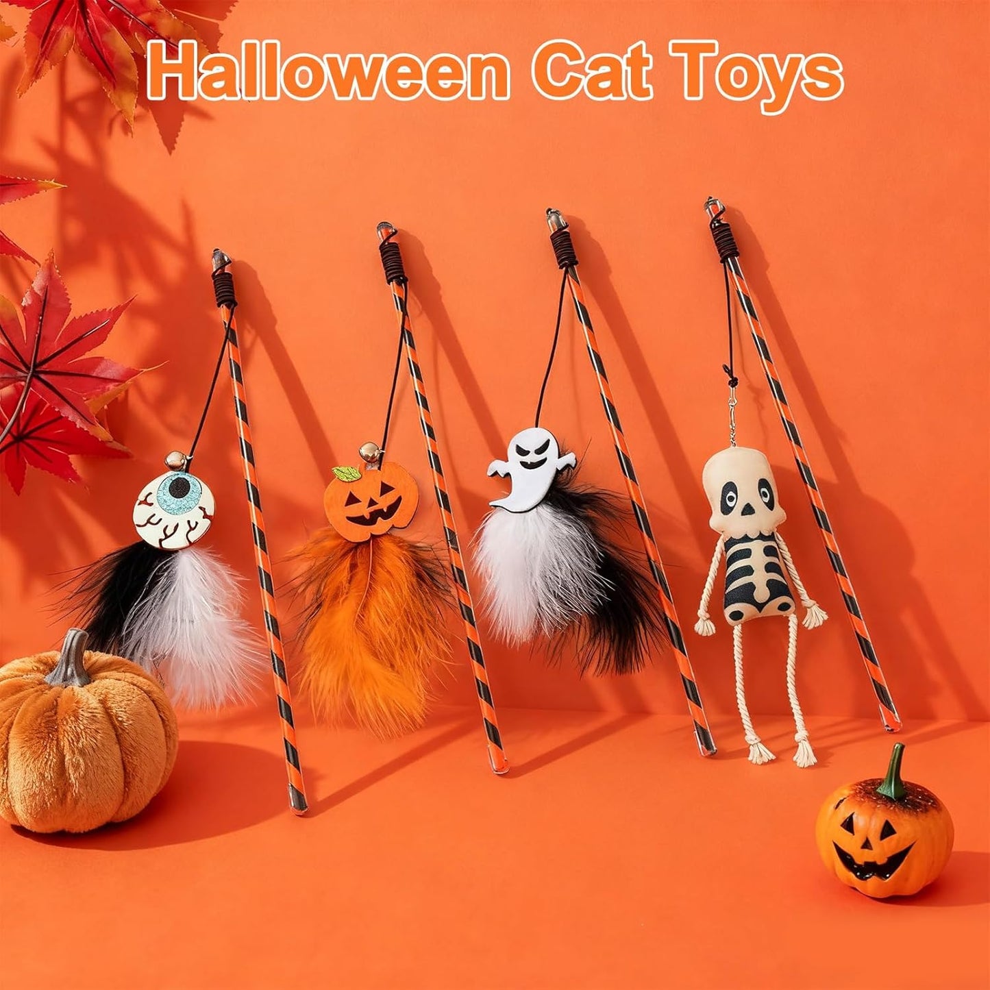 Walfront 4PCS Halloween Cat Toys, Wand Teaser Toys with Bells, Pumpkin, Ghost, Eyeball and Skull, Kitten Interactive Toys, Plush Kitten Plaything Gift Set