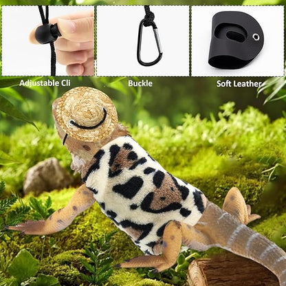 Bearded Dragon Leash and Harness Set, Bearded Dragon Accessories(Include Leopard Print Chest Pack, Lizard Clothing＆Leash, Small Straw Hat), Beardeds Dragon Decor Suit for Outdoor Travel