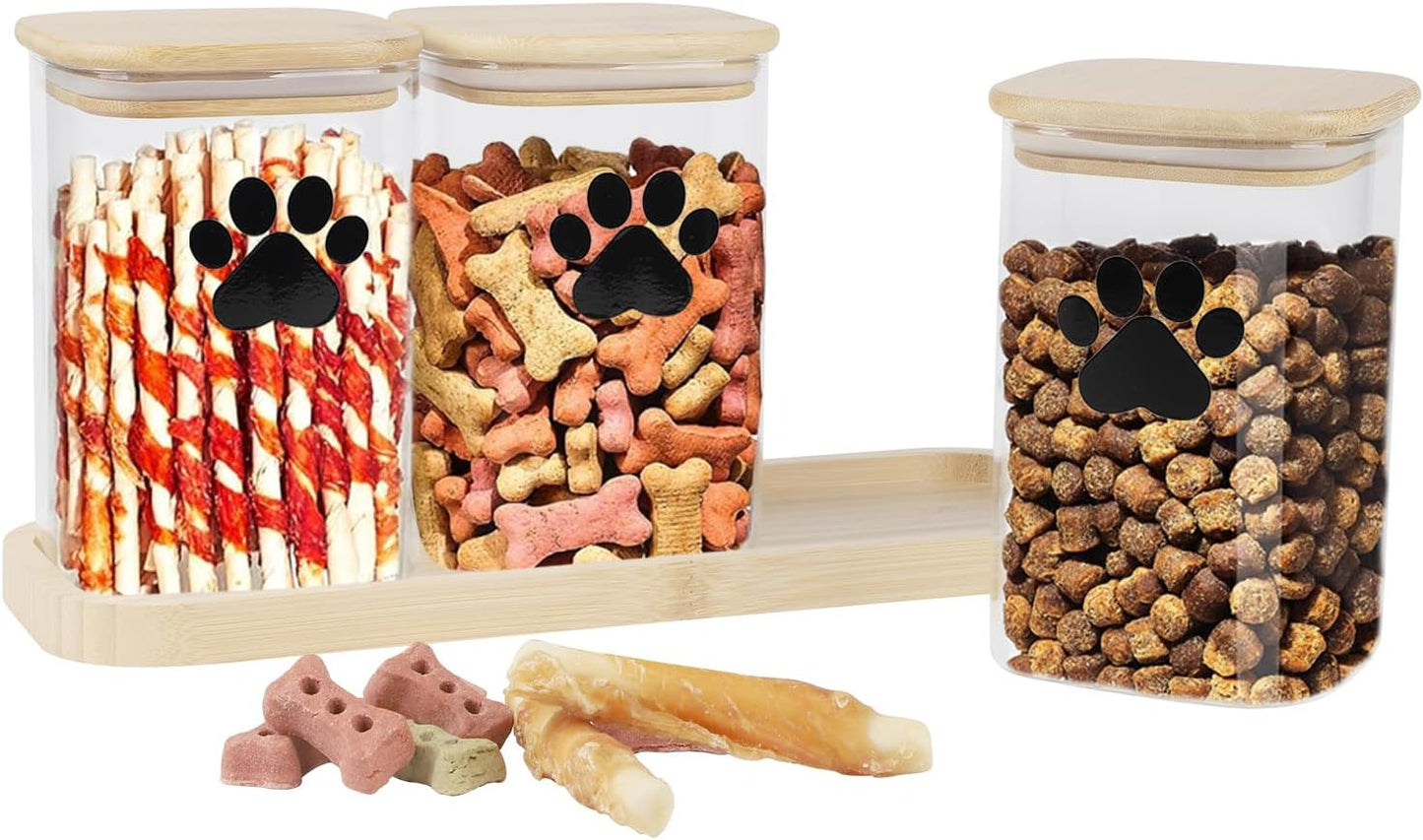 Dog Treat Container Airtight, 37oz Glass Dog Food Storage Set of 3, Pet Food Storage with Bamboo Lid, Small Pet Treat Canister,Puppy Food Bin for Kitchen Counter,Freshness Seal-Clear