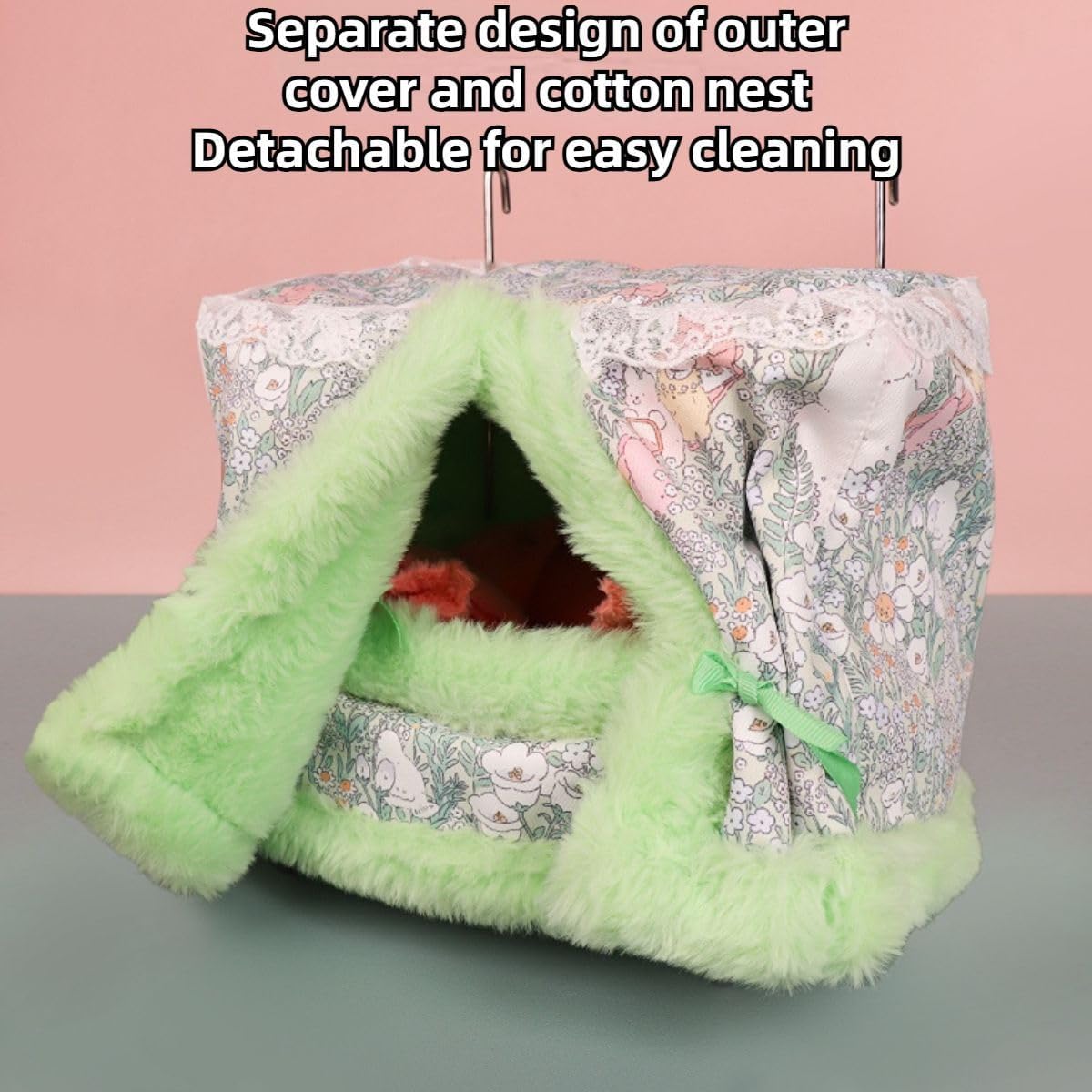 Rat Hammock for Cage Chew Proof Rat Toys Warm Bed, Small Animal Hanging Stainless Steel Basket Ferret Cage Accessories and Habitats Removable Nest Mat for Hamster, Sugar Glider, Hedgehog (Green)