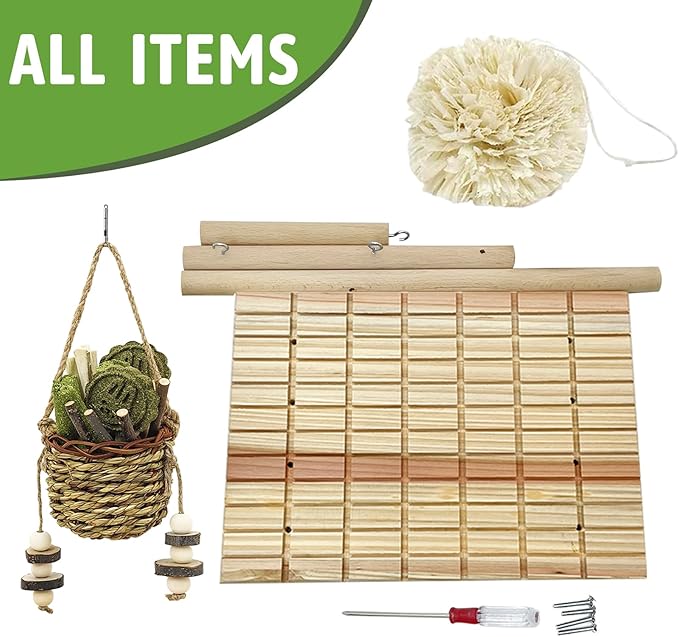 kathson Bunny Chew Toys for Teeth Grinding, Rabbit Wooden Scratch Board Feet Pad Platform Natural Seagrass Hanging Basket Small Animals Play Toy for Guinea Pigs Chinchilla Hamsters(C)