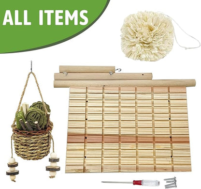 kathson Bunny Chew Toys for Teeth Grinding, Rabbit Wooden Scratch Board Feet Pad Platform Natural Seagrass Hanging Basket Small Animals Play Toy for Guinea Pigs Chinchilla Hamsters(C)