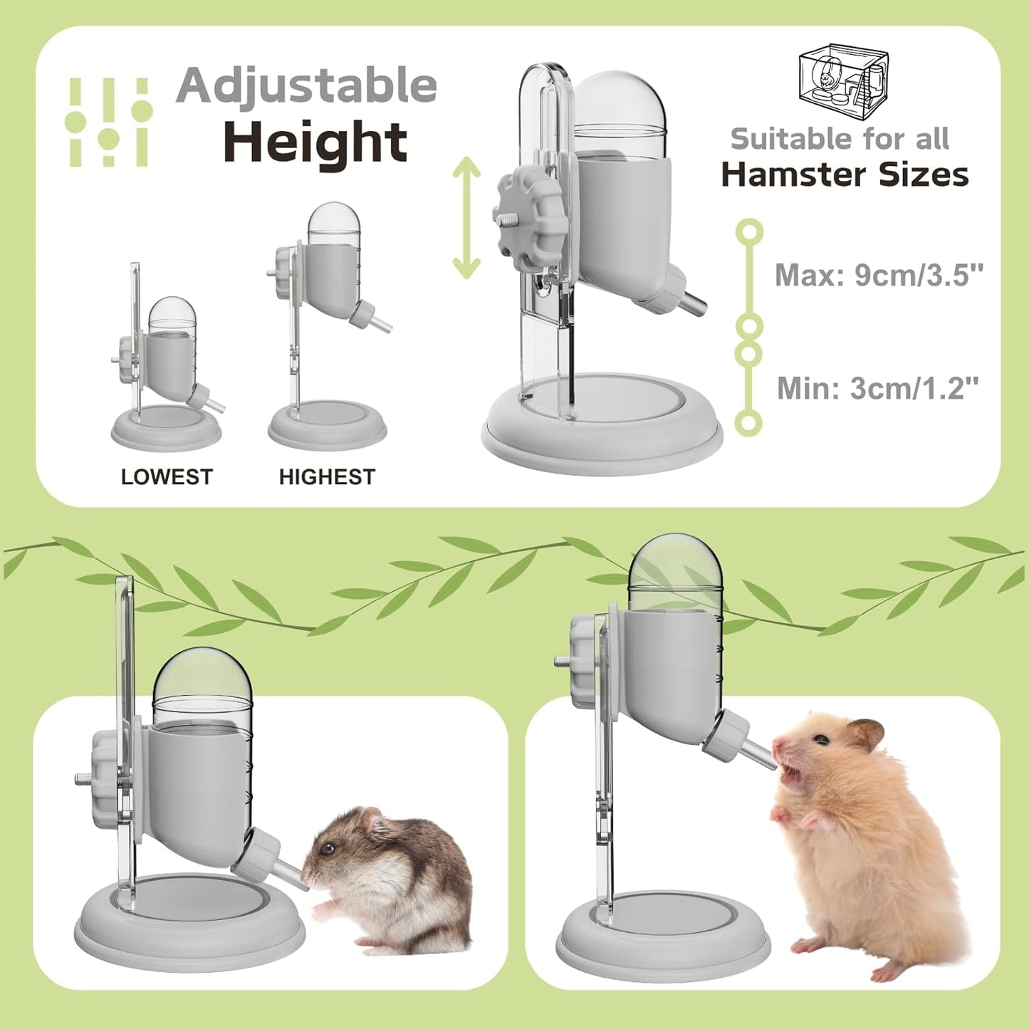 Hamster Water Bottle with Stand, Water Dispenser for Syrian Dwarf Hamsters Gerbils Mice Rats Degus (Gray, 4oz)