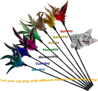 Cat Wand Toy Feather Stick Cat Toys, 7 Pieces Interactive Cat Toy Feathers Wand for Indoor Cats
