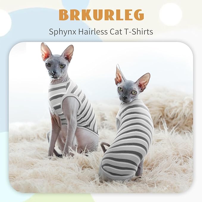 BRKURLEG Hairless Cats T Shirt, Cat Sweaters, Pullover Kitten Shirts, Sleeveless Round Collar Cotton Vest for Cornish Rex Devon Rex Peterbald and Small Dogs Sweater(Grey Stripes, S)