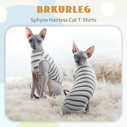 BRKURLEG Hairless Cats T Shirt, Cat Sweaters, Pullover Kitten Shirts, Sleeveless Round Collar Cotton Vest for Cornish Rex Devon Rex Peterbald and Small Dogs Sweater(Grey Stripes, S)
