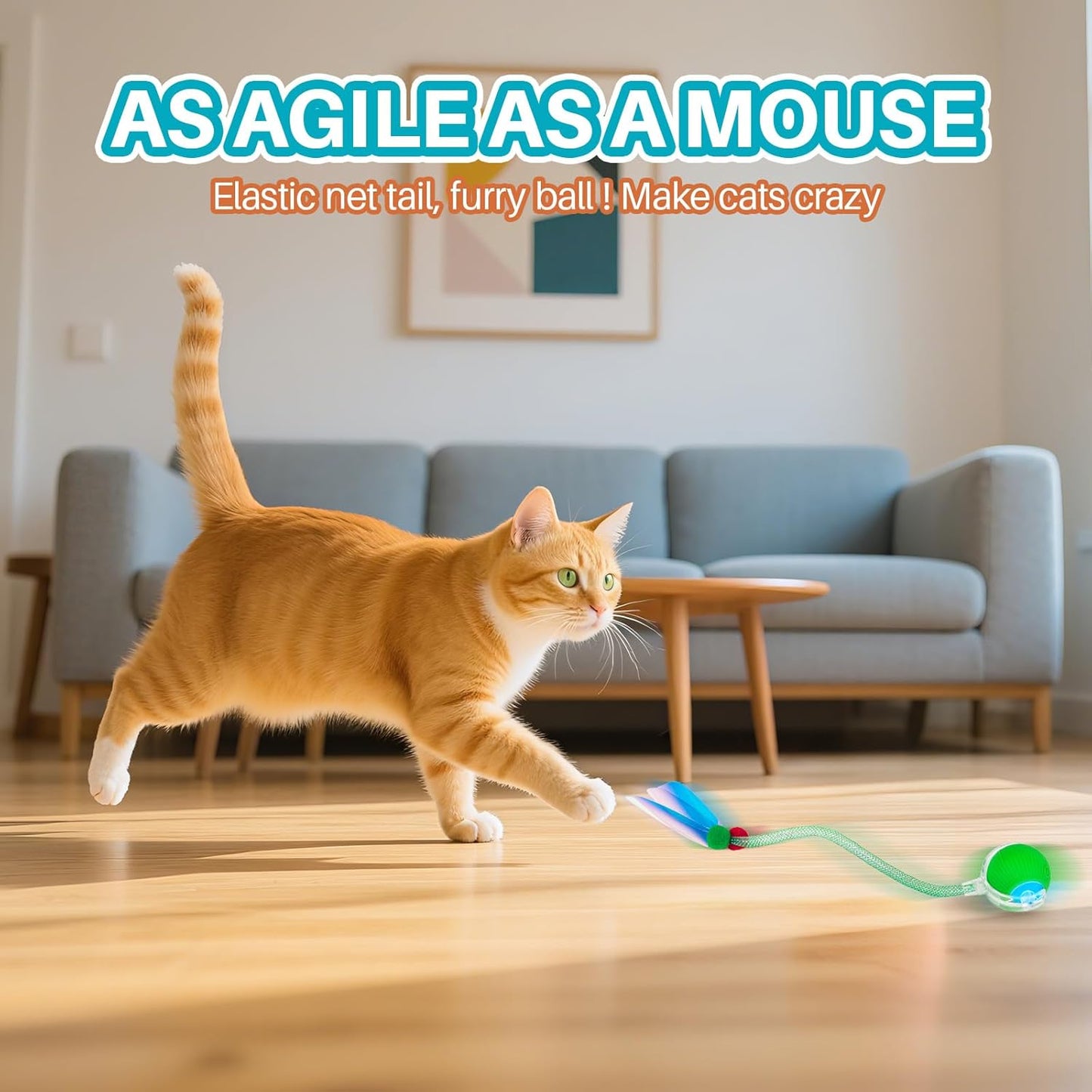 Interactive cat Toy cat Toys for Indoor Cats Agile Moving Cat Ball with Elastic Mesh Tail Automatic Kitten Toys Motion Activated Ball (Green)
