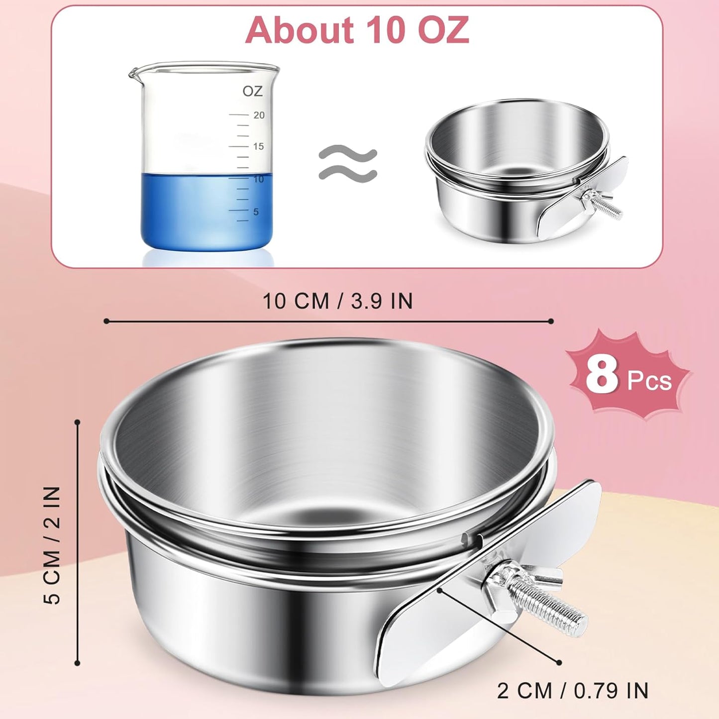 ToLanbbt 8 Pcs Stainless Steel Bird Food Bowls Bird Water Bowls with Clamp Holder, Parrot Feeding Dish Cups Parrot Cage Coop Feeders for Cockatiel Conure Budgie Parakeet Macaw Lovebird Small Animal, S