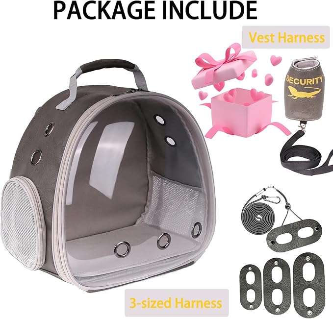 Bearded Dragon Carrier Backpack with Security Printing Harness Leash and 3-Sized Harness Set, Reptile Lizard Travel Guinea Pig Bunny Kitten Travel Carry Bag to Transport (Grey, PU Leather)