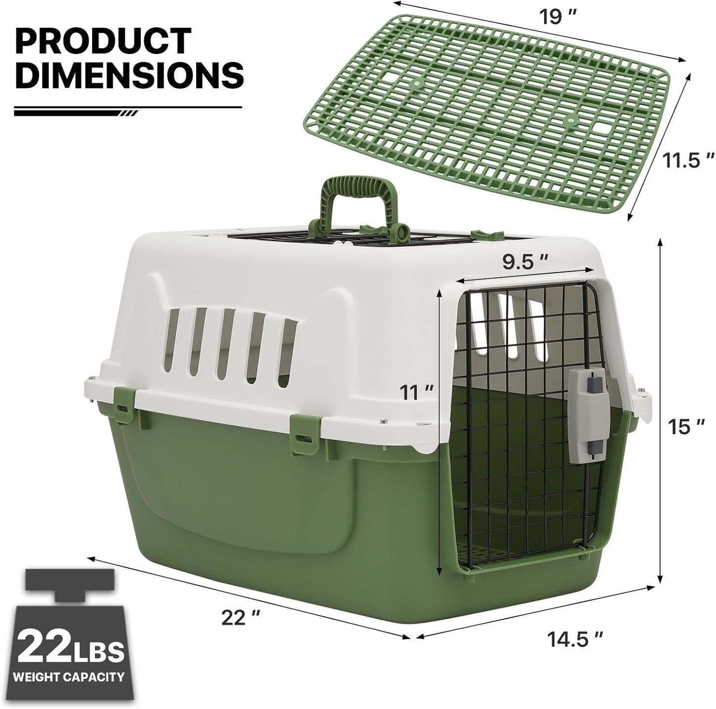 MoNiBloom 22-Inch Dog Crate Plastic 2-Door Top Loading Cat Carrier, Hard-Sided Dog Travel Carrier for Small Dogs and Cats, Ventilation and Security Lock Design for Pets up to 22 lbs (Green)