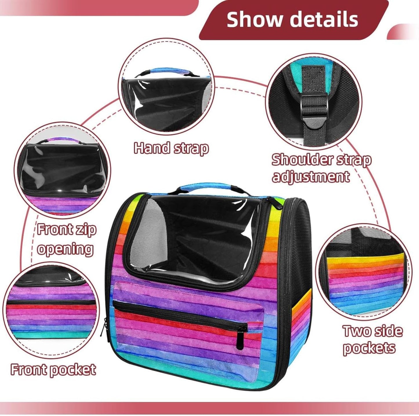 Stripe Rainbow Transparent Pet Carrier for Travel Hiking for Kitty Small Dog