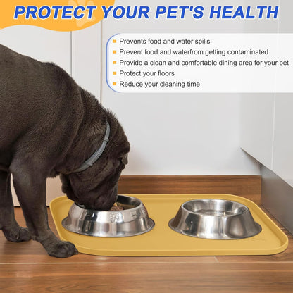 Silicone Pet Feeding Mat with Raised Edge for Food and Water, Dog Bowl Mats, Cat Bowls Placemat with High Lip for Floor Waterproof, Rubber Tray for Cats and Dogs 19 x 12 x0.7 Beige