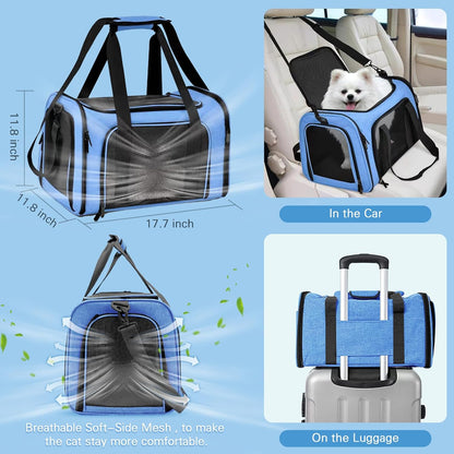 Cat Carrier Soft-Sided & Foldable Travel Litter Box for Cats, Fit for Pet Up to 20Lbs, 17.7' * 11.8 * 11.8 inches Cat Bag for Traveling & Camping, Indoor & Outdoor, Pet Carrier Kit - Blue