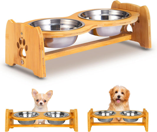 X-ZONE PET Elevated Dog Bowls for Cats and Dogs, Adjustable Bamboo Raised Dog Bowls for Small Dog, Food and Water Set Stand Feeder with 2 Stainless Steel Bowls and Anti Slip Feet (Height 4" to 4.5")