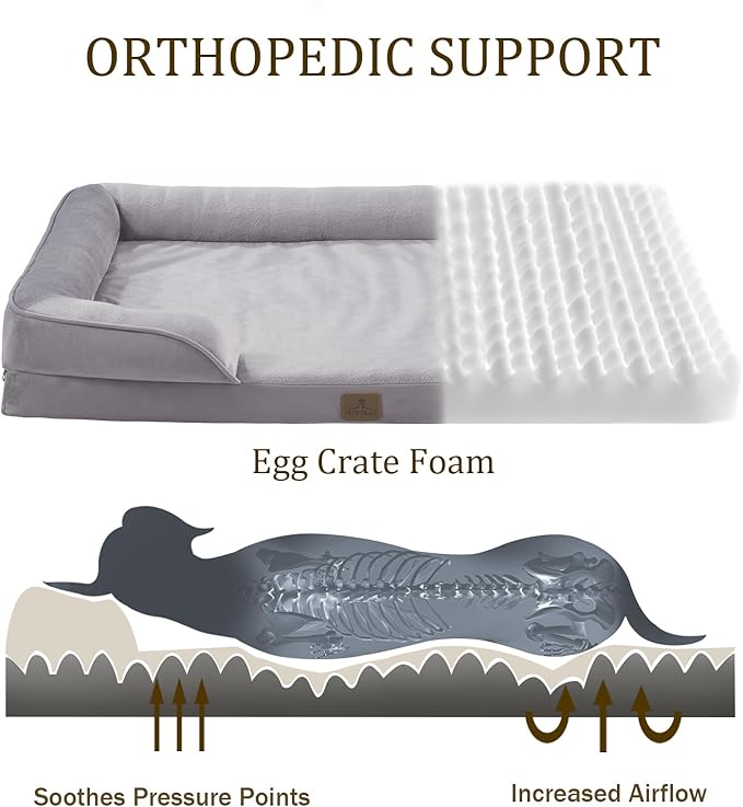 Bedfolks Orthopedic Dog Bed XL, Waterproof Dog Sofa Bed for Extra Large Dogs, Egg Foam Pet Couch Bed with Removable Washable Cover and Nonslip Bottom, Light Grey