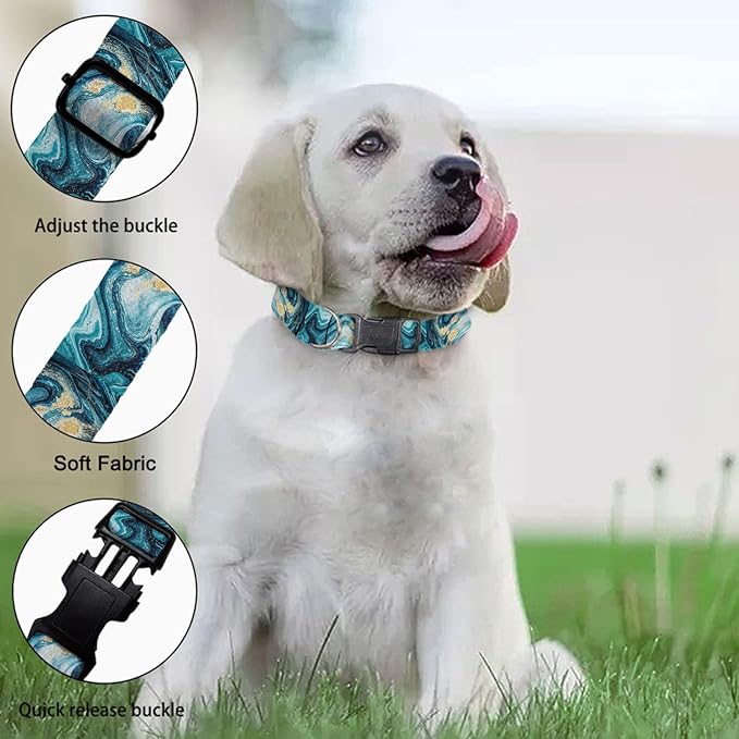 Green Teal Turquoise Marble Dog Collar Pet Neck Strap for Small Medium Large Dogs Soft Adjustable Buckle