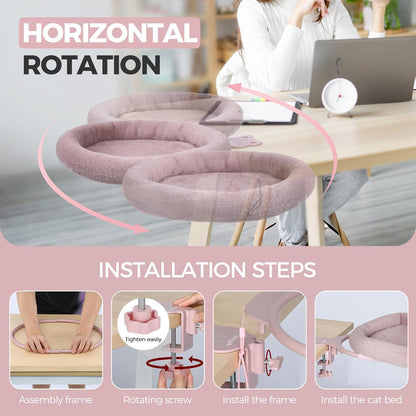 Rotating Cat Desk Bed - 40 LBS Chair-Side Cat Sleeping Basket with Bed for Desk, 360° Swivel & Removable Washable Cushion for Office Comfort(Pink