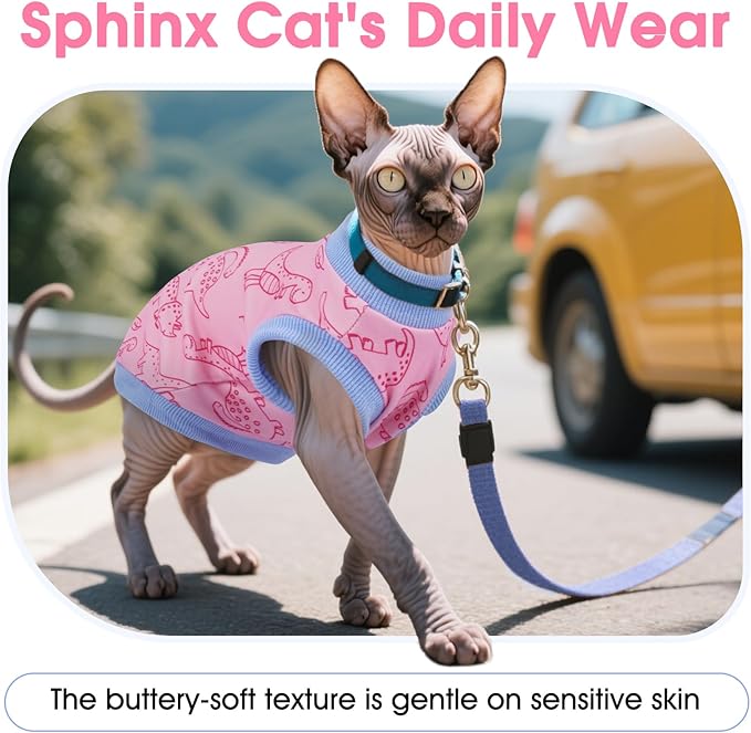 DENTRUN Sleeveless Cat Vest with Dinosaur Print, Breathable Ultra-Soft Dralon Fleece Cat Sweater, All-Season Pet Costume Apparel for Cats, Kitten Clothing for Indoor/Outdoor, Pink, XL