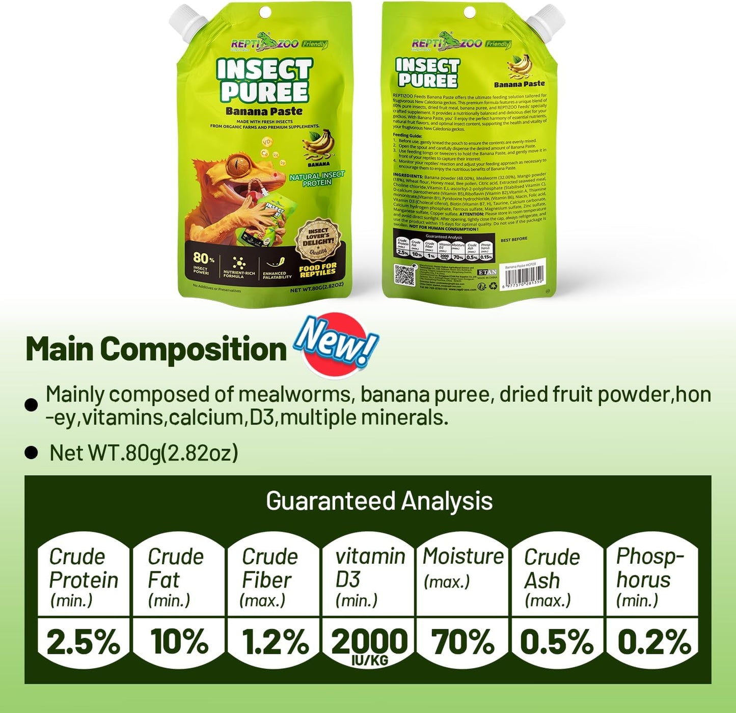 Crested Gecko Food Insect Puree, Fruit Mix Banana, Reptile Food Made with Fresh Insects 2.82oz