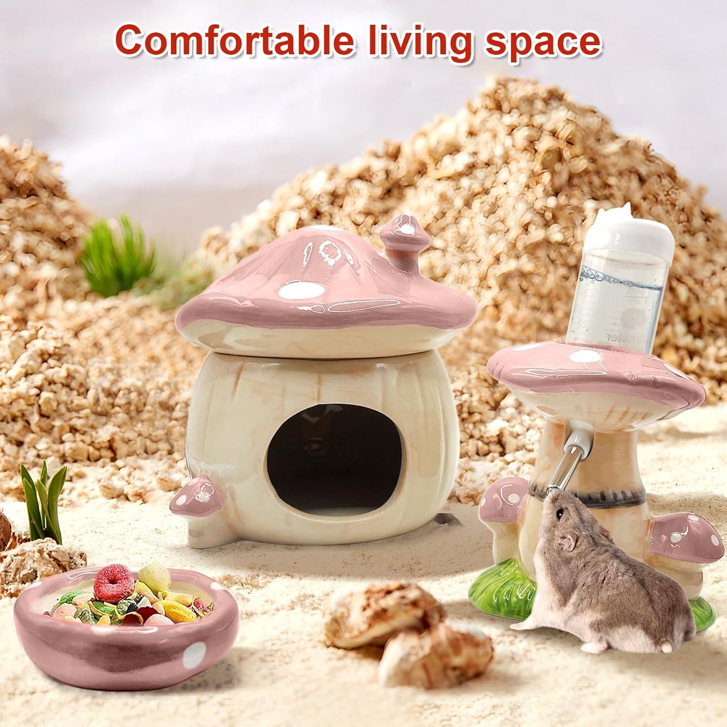 Mushroom Ceramic Hamster Hideout, Water Bottle with Stand, Food Bowl, Hamster Accessories (Pink)