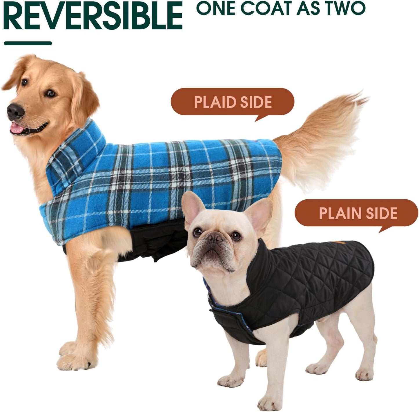 Kuoser Waterproof Dog Coat, Reversible Dog Jacket for Small Dogs, Adjustable Durable Doggie Winter Coat Warm Cozy Puppy Cold Weather Apparel from Small to Large Breed, Blue S