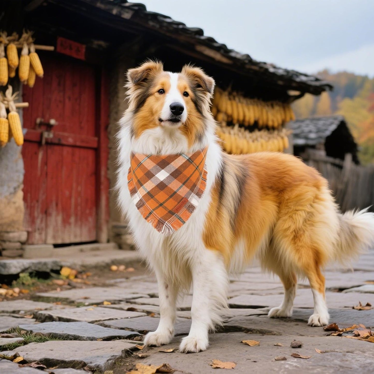 PTDECOR Fall Dog Bandanas with Tassels Edges, 2 Pack Orange Plaid Scarf Bib, Halloween Thanksgiving Pet Bandana, Reversible Triangle Bandanas for Extra Large Dogs (X-Large)