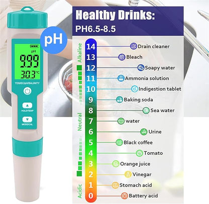 Aquarium Salt Tester -Pool Salt Tester, Versatile 5 in1 Salinity, PH, TDS, EC, and Temperature Meter, Digital Salinity Tester for Saltwater Aquarium, Accurate Salinity Meter,Green