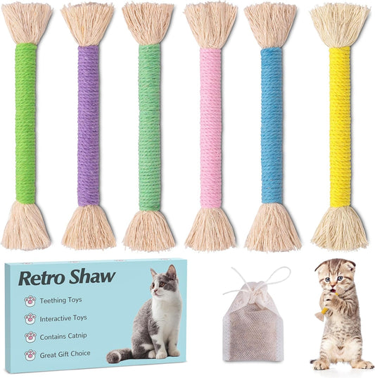 Retro Shaw Cat Toys Ropes with Catnip 6Pcs, Safe Teething Cleaning Kitten Toys for Indoor Cats Kitty, Interactive Cat Nip Chew Toys Kicker