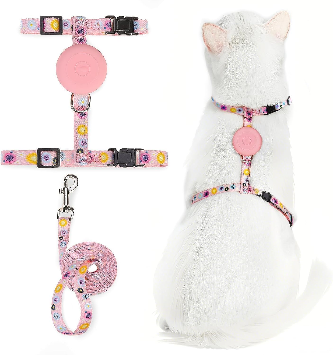 PUPTECK Adjustable Cat Harness and Leash Set Escape Proof Kitten Strap Collar for Walking Travel, Floral Pattern