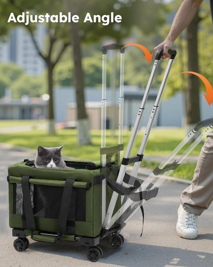 Pecute Cat Carrier with Wheels,Steel Wire Frame Cat Carrier, Stable Pet Trolley for Cats, Pet Handbag and Stroller Bag, Portable Cat Bag for Travel Bus Subway, Green